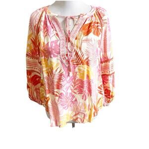 Haute Hippie Avery Peasant Blouse Size Large Tropical Print Tassel Pink Bohemian